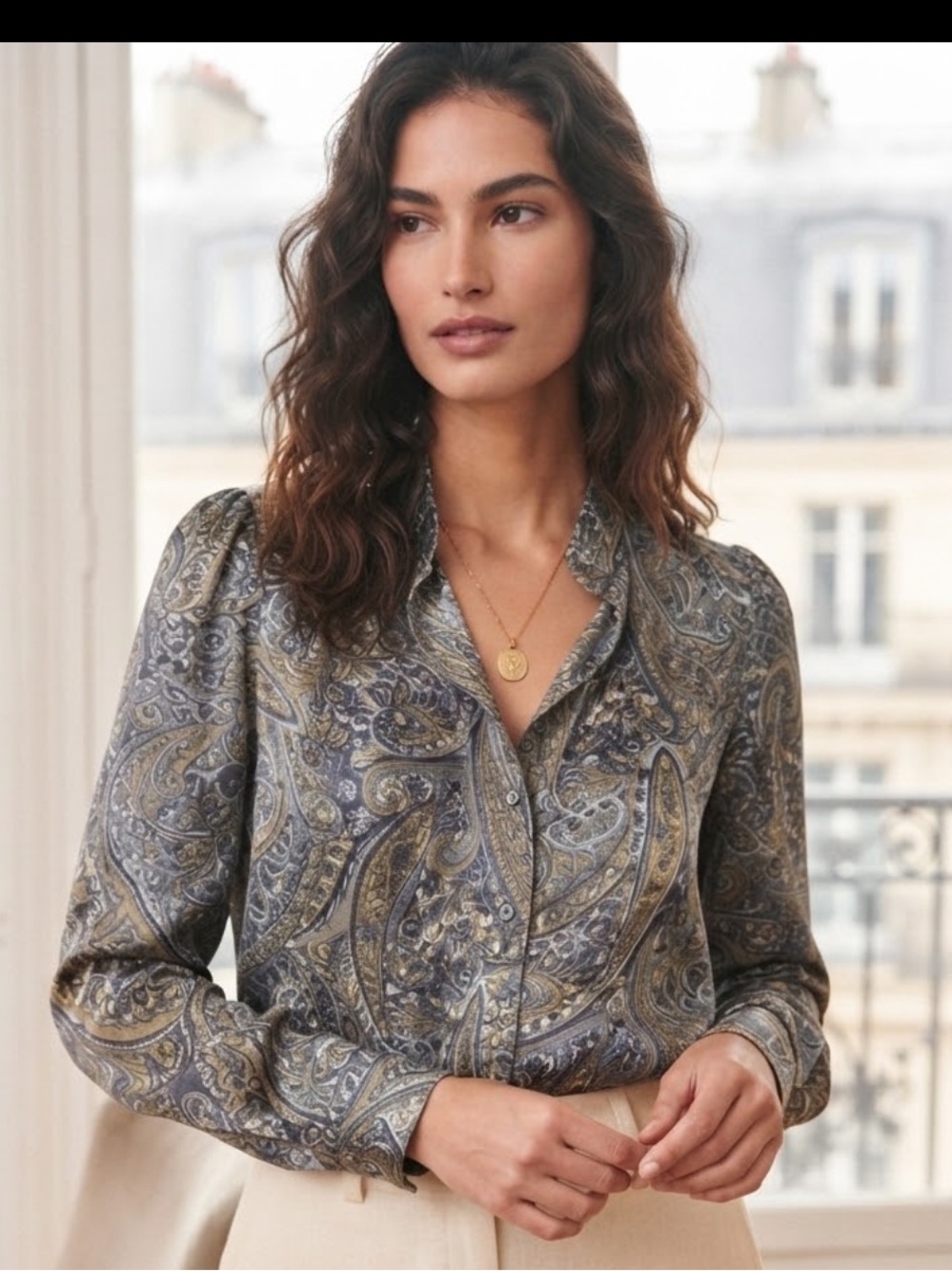 Paisley Button-Front Blouse in Blue and Gold - Classic Collar 100% silk top